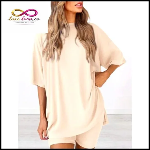 Oversized Short Sleeve Top with High Waisted Biker Shorts Set, Size X-Large